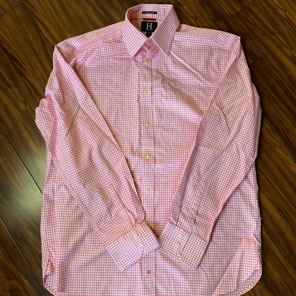 H Hilfiger White and Pink Houndstooth Button up XL